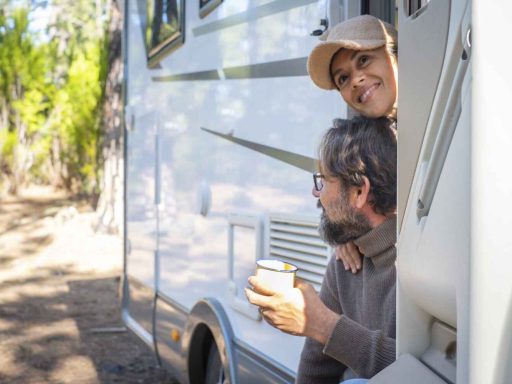 two adults enjoying rv trip